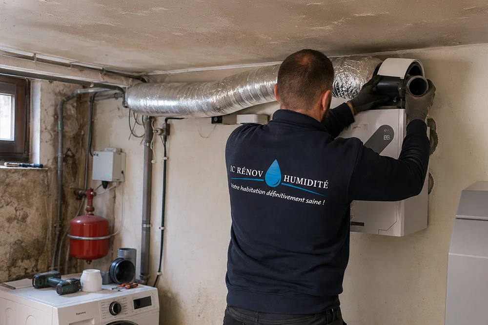Homme entrain d'installer un système de ventilation dans une maison